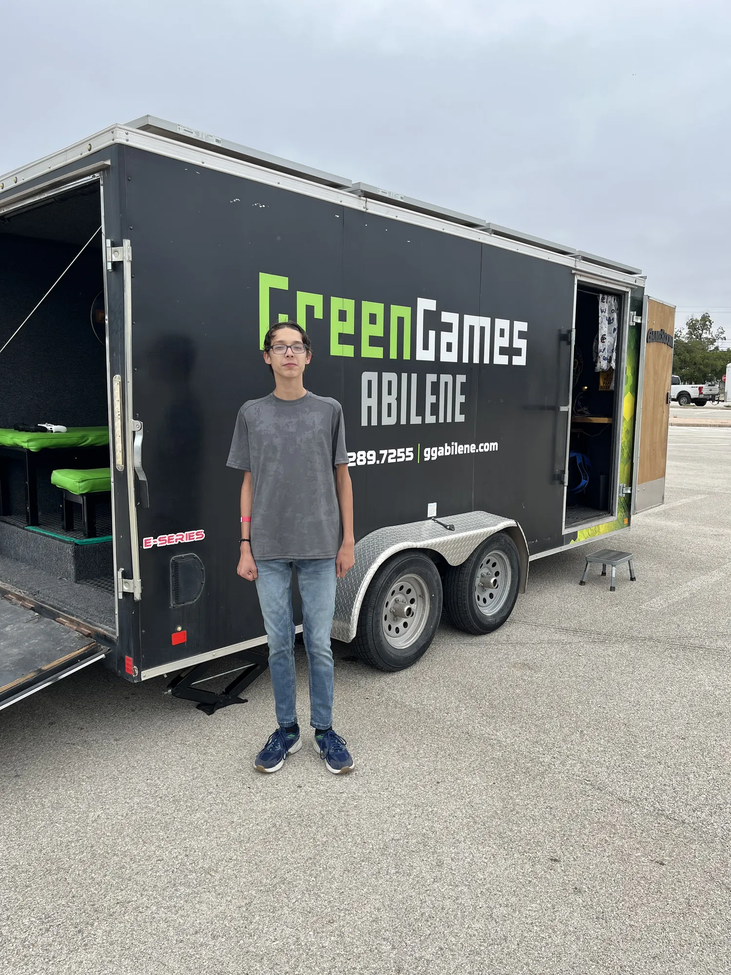 The Green Games Abilene video game trailer parked and ready for a company family day