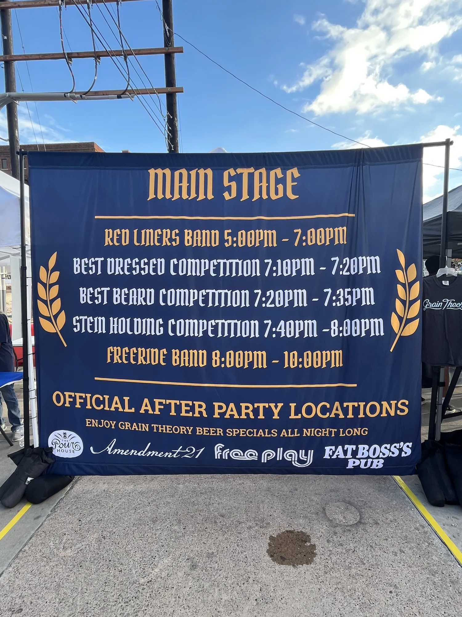 Main stage schedule listing live bands and the best dressed, best beard and stein holding competitions
